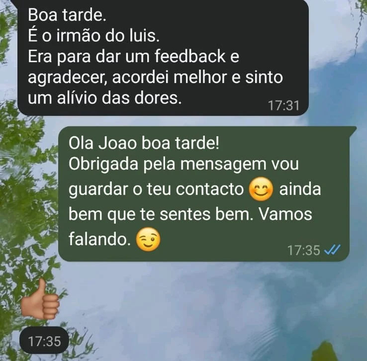 Testemunho de alívio de dores corporais após sessão de acupuntura com a Dra. Ângela
